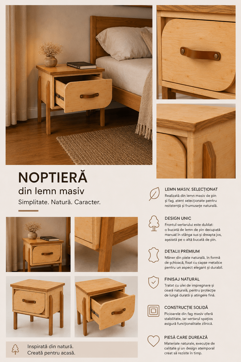 Noptiera din lemn Masiv Frunza Flyer