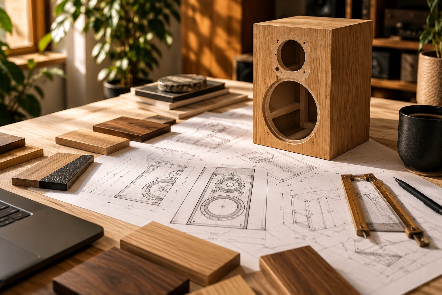 Proiectare incintă acustică din MDF cu finisaj stejar, schițe tehnice și mostre de lemn – UNOOA Sound