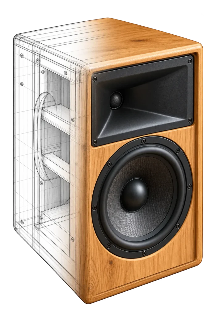 Incintă acustică din lemn, UNOOA Sound, prezentată în tranziție de la schiță tehnică la randare 3D