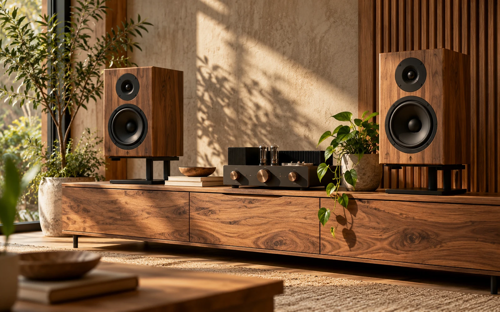 Incinte acustice cu finisaj din lemn natural, într-un ambient premium – concept UNOOA Sound.