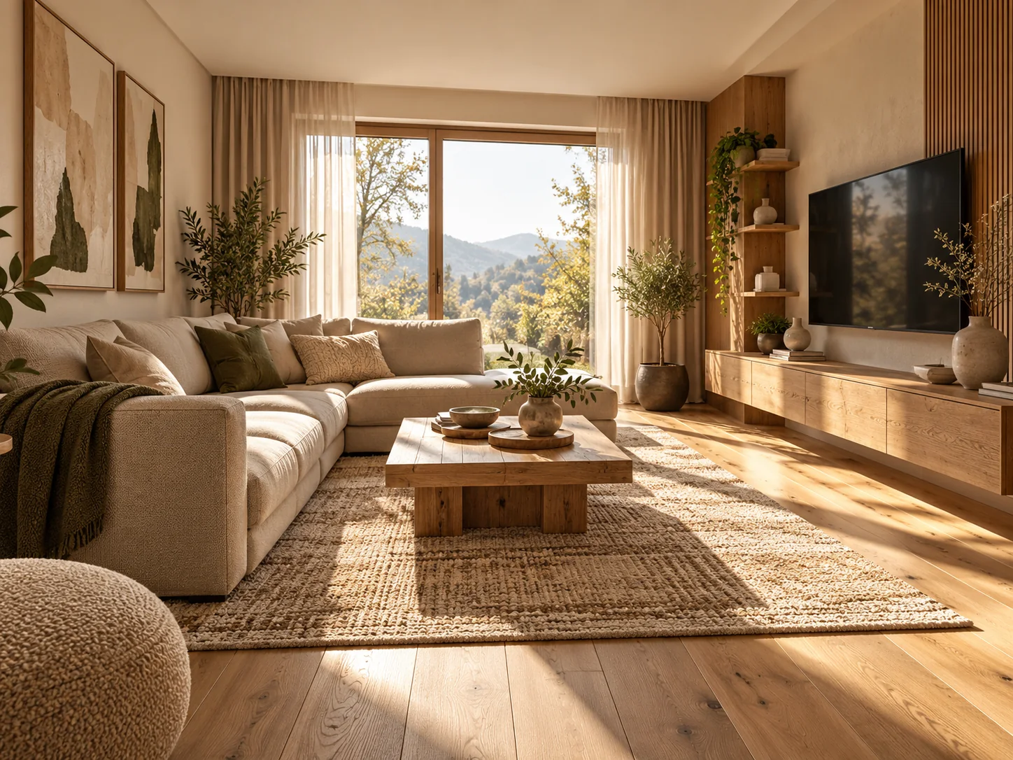 Living modern în stil Warm Nordic, cu mobilier din lemn natural, canapea bej și lumină naturală – UNOOA Space Design