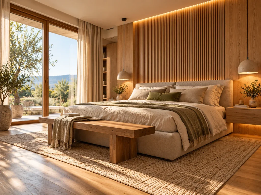 Dormitor matrimonial în stil Warm Nordic Luxury, cu pat tapițat bej, perete cu riflaje din lemn și iluminat ambiental – UNOOA Space Design