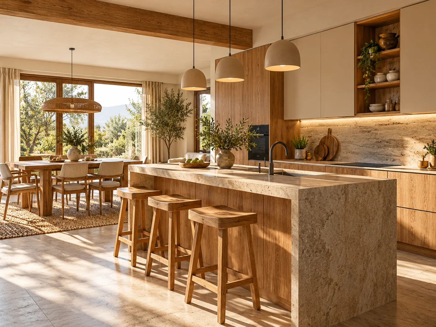 Bucătărie open-space în stil Warm Nordic, cu mobilier din stejar natur, insulă din piatră și zonă de dining – UNOOA Space Design