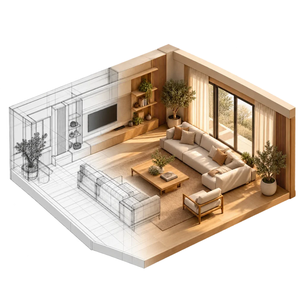 Living în proiectare 3D, de la schiță tehnică la randare realistă – UNOOA Space Design