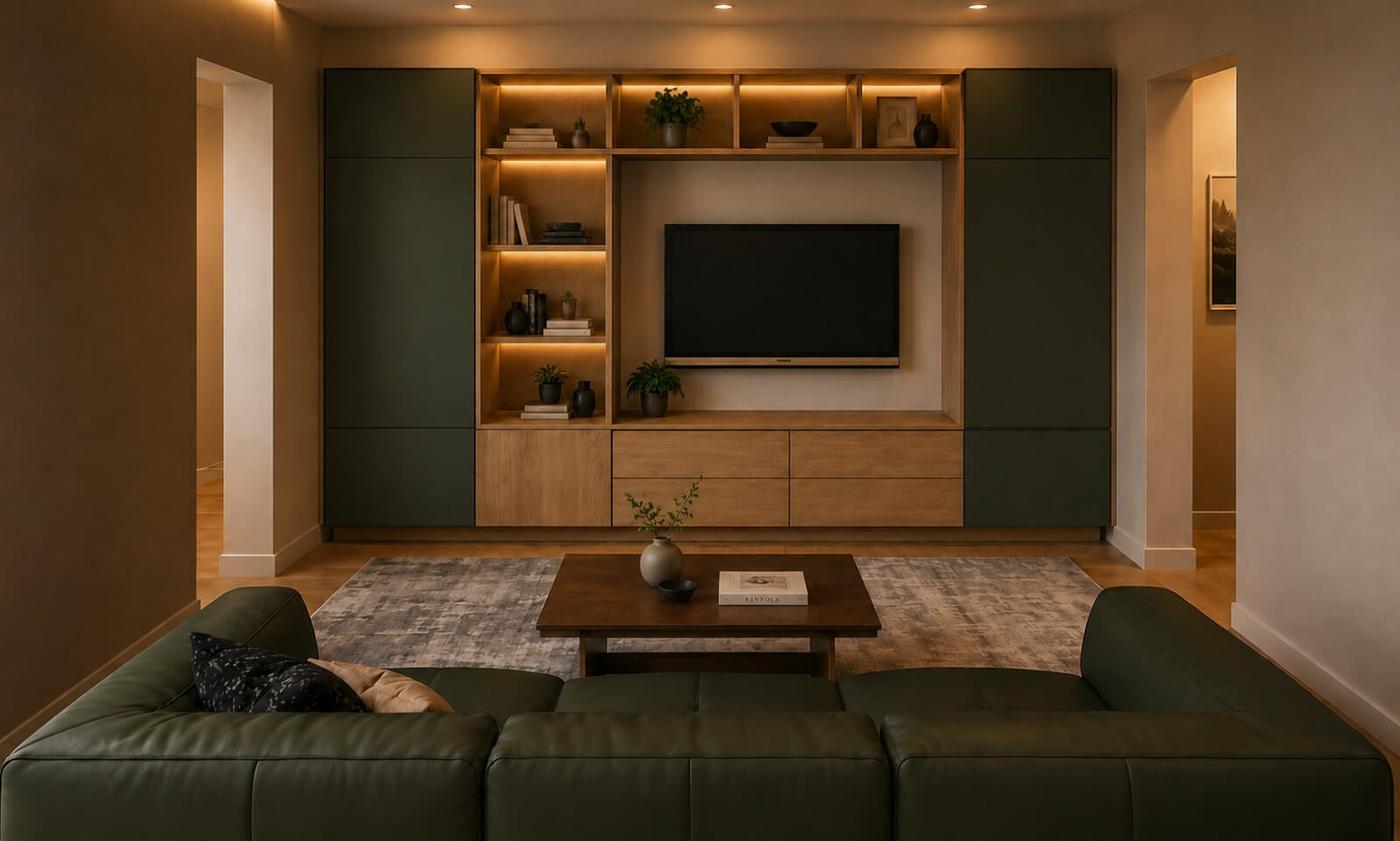 Living Warm Nordic cu mobilier din lemn și verde închis, bibliotecă iluminată și canapea verde